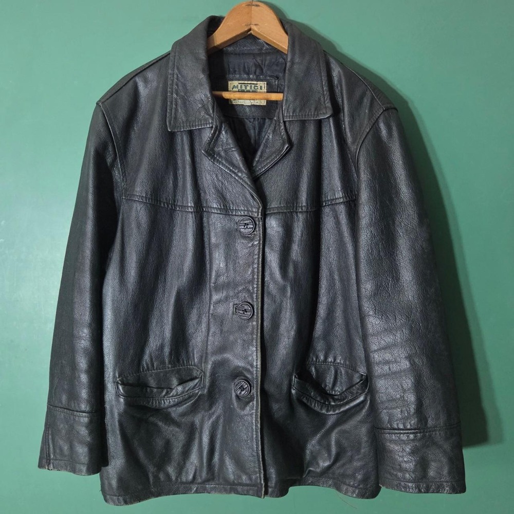 Mitici Anni 60 Mens Vintage Black Leather Car Coat Blazer Jacket Italy Large